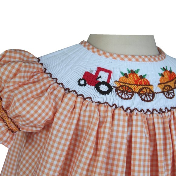 New Thanksgiving Pumpkins Girls Bishop Smocked Dress Orange Plaid Fall Tractor - Picture 5 of 7
